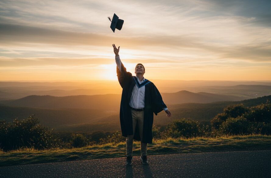 A vibrant and joy-filled Macedon Ranges graduation photography natural light scene, depicting a graduate in their cap and gown, framed by the lush, sun-drenched gardens of Mount Macedon, triumphantly throwing their cap into the air at sunset, with golden light illuminating their celebratory expression.