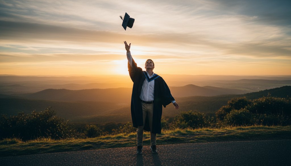 A vibrant and joy-filled Macedon Ranges graduation photography natural light scene, depicting a graduate in their cap and gown, framed by the lush, sun-drenched gardens of Mount Macedon, triumphantly throwing their cap into the air at sunset, with golden light illuminating their celebratory expression.