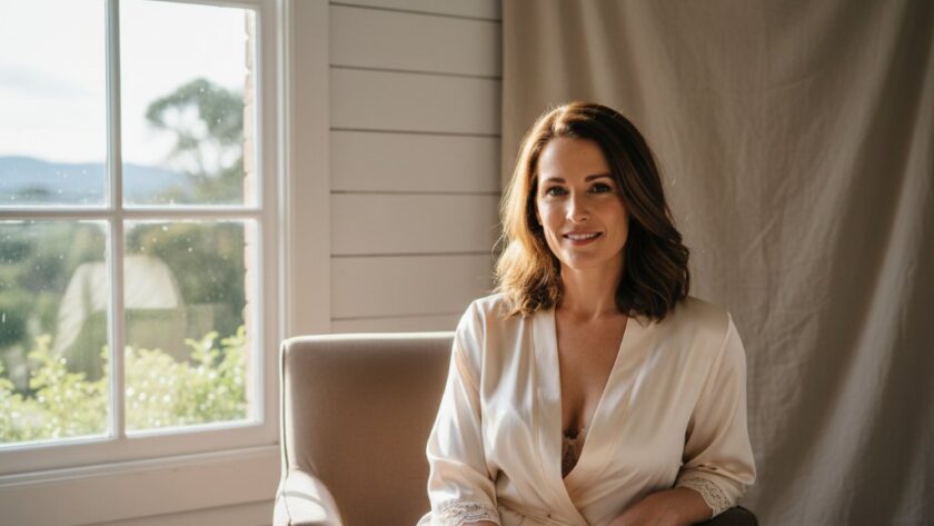 A beautifully composed, naturally lit portrait capturing an empowering moment of a woman during her Macedon Ranges intimate boudoir photography session, set against a luxurious, subtly rustic backdrop in a Macedon studio, showcasing her confidence and natural beauty with professional colour grading.