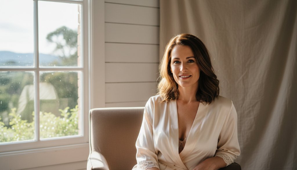 A beautifully composed, naturally lit portrait capturing an empowering moment of a woman during her Macedon Ranges intimate boudoir photography session, set against a luxurious, subtly rustic backdrop in a Macedon studio, showcasing her confidence and natural beauty with professional colour grading.