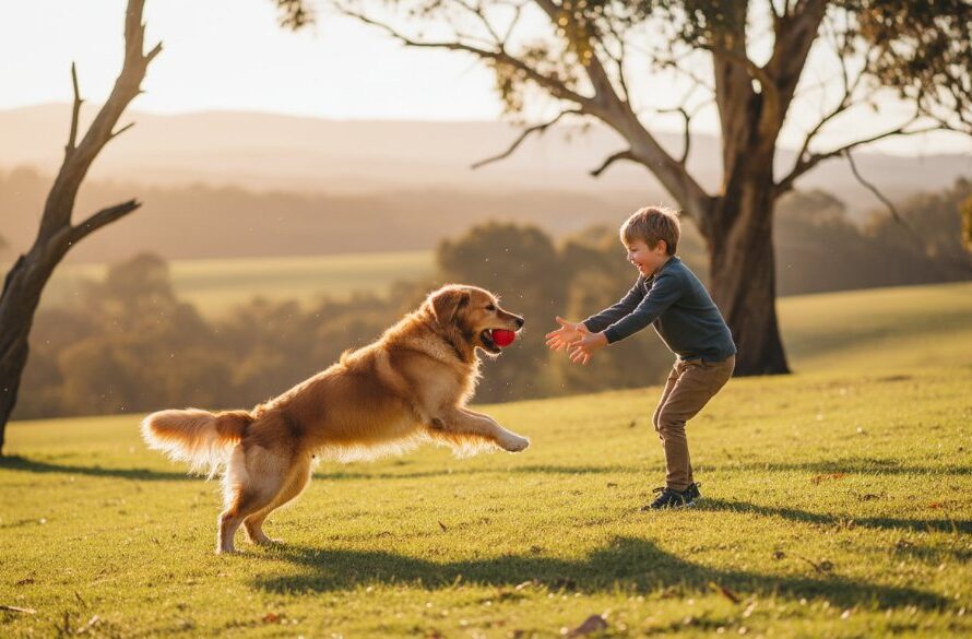 A heartwarming and epic moment captured between a child and their beloved Golden Retriever, silhouetted against the vibrant golden hour sky near a historical stone wall in Macedon Ranges, Victoria, symbolising the essence of Macedon Ranges pet photography unforgettable family memories.