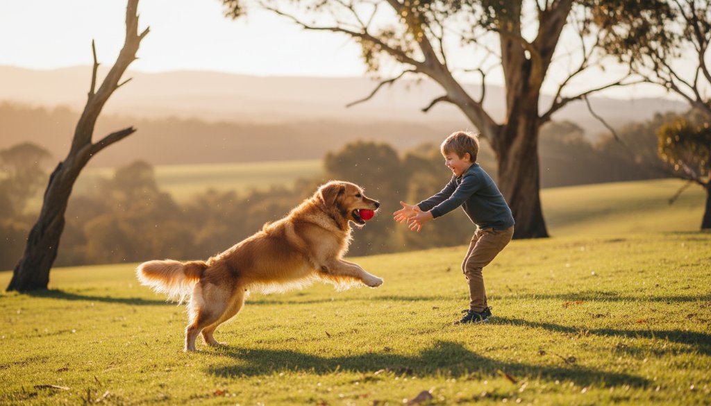 A heartwarming and epic moment captured between a child and their beloved Golden Retriever, silhouetted against the vibrant golden hour sky near a historical stone wall in Macedon Ranges, Victoria, symbolising the essence of Macedon Ranges pet photography unforgettable family memories.