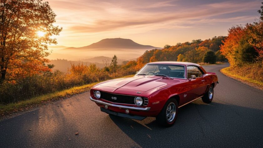 A stunning, professional photograph capturing an epic moment of a gleaming, deep-red vintage muscle car parked dramatically on a winding road with autumn leaves, overlooking a panoramic view of the Macedon Ranges at sunset, showcasing expert Macedon Ranges vintage car photography.