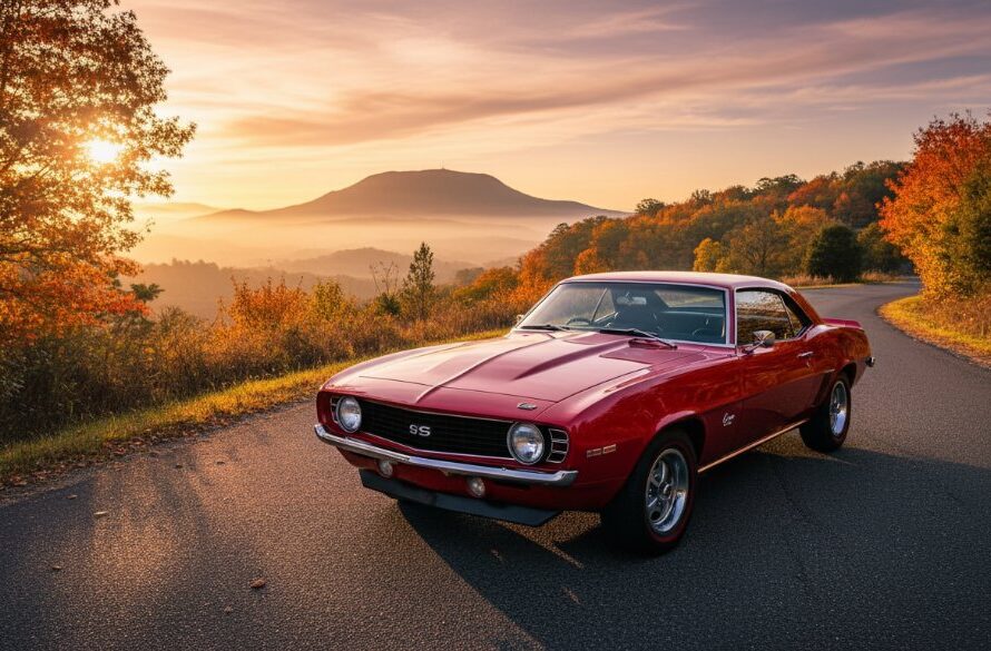 A stunning, professional photograph capturing an epic moment of a gleaming, deep-red vintage muscle car parked dramatically on a winding road with autumn leaves, overlooking a panoramic view of the Macedon Ranges at sunset, showcasing expert Macedon Ranges vintage car photography.