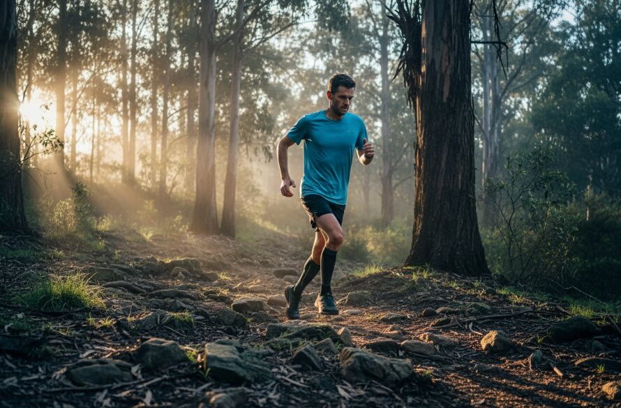A dramatic wide-angle shot capturing the raw emotion of a trail runner mid-stride on a rugged path near Mount Macedon, bathed in dramatic sunrise light, embodying Macedon sports photography raw emotion capture.