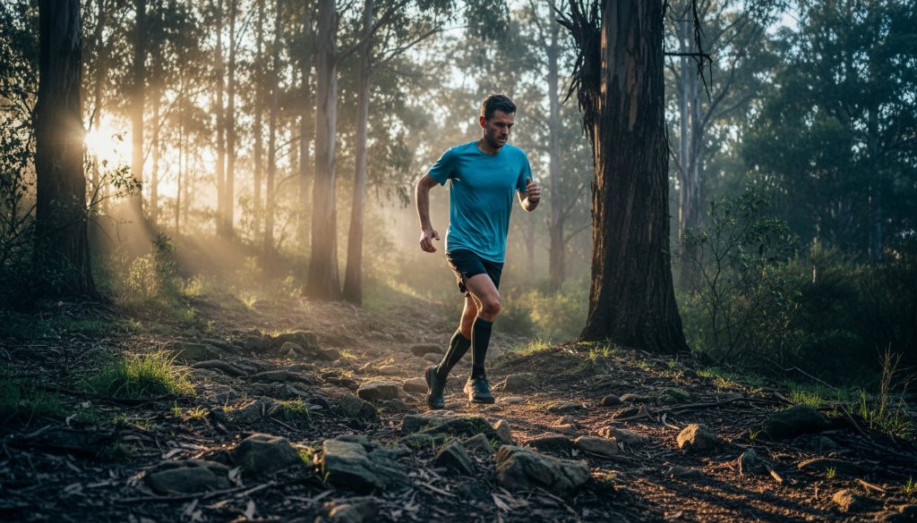 A dramatic wide-angle shot capturing the raw emotion of a trail runner mid-stride on a rugged path near Mount Macedon, bathed in dramatic sunrise light, embodying Macedon sports photography raw emotion capture.