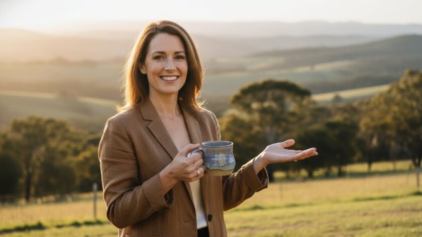 A creative entrepreneur captured in an epic, sun-drenched moment, laughing genuinely amidst the picturesque Macedon Ranges, embodying Macedon Victoria authentic personal branding photography with professional camera gear.