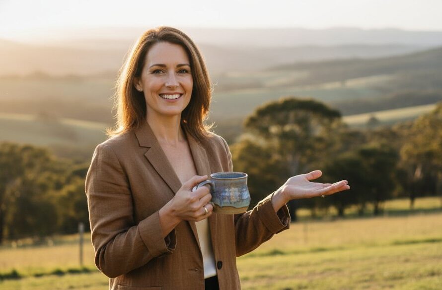 A creative entrepreneur captured in an epic, sun-drenched moment, laughing genuinely amidst the picturesque Macedon Ranges, embodying Macedon Victoria authentic personal branding photography with professional camera gear.