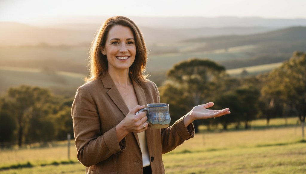 A creative entrepreneur captured in an epic, sun-drenched moment, laughing genuinely amidst the picturesque Macedon Ranges, embodying Macedon Victoria authentic personal branding photography with professional camera gear.