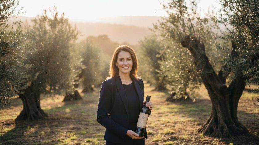 A dramatic, cinematic photograph showing the owner of a boutique winery in Macedon, Victoria, proudly showcasing a bottle of wine in their cellar door. Golden hour light streams through a window, highlighting the product and the authentic, warm expression on the owner's face. The setting evokes the natural beauty and sophistication of Macedon Victoria bespoke commercial photography, with rustic stone and timber elements.