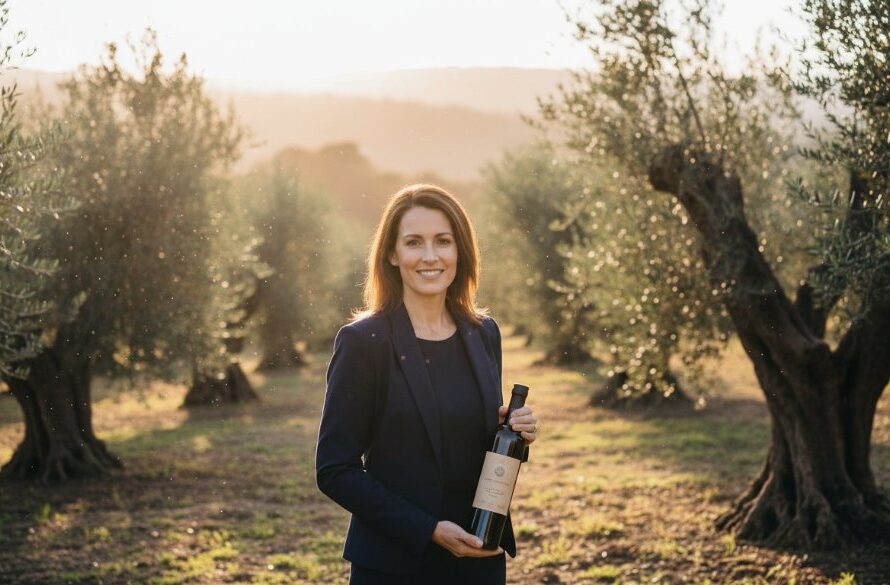 A dramatic, cinematic photograph showing the owner of a boutique winery in Macedon, Victoria, proudly showcasing a bottle of wine in their cellar door. Golden hour light streams through a window, highlighting the product and the authentic, warm expression on the owner's face. The setting evokes the natural beauty and sophistication of Macedon Victoria bespoke commercial photography, with rustic stone and timber elements.