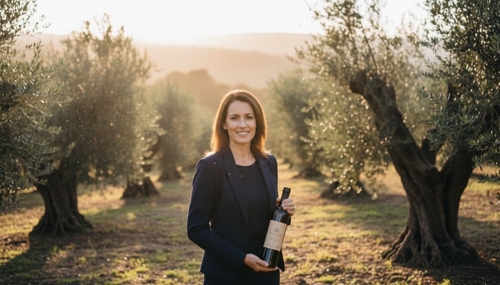 A dramatic, cinematic photograph showing the owner of a boutique winery in Macedon, Victoria, proudly showcasing a bottle of wine in their cellar door. Golden hour light streams through a window, highlighting the product and the authentic, warm expression on the owner's face. The setting evokes the natural beauty and sophistication of Macedon Victoria bespoke commercial photography, with rustic stone and timber elements.