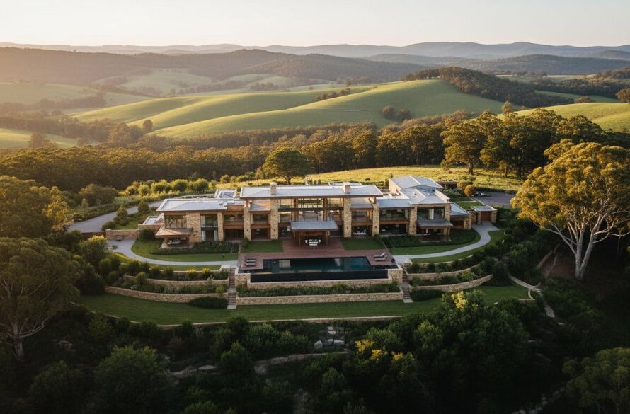 An aerial twilight shot showcasing a stunning luxury property nestled in the Macedon Ranges, illuminated with warm interior lights and surrounded by ancient gum trees, expertly captured for Macedon Victoria bespoke property photography services, highlighting its grandeur at dusk.