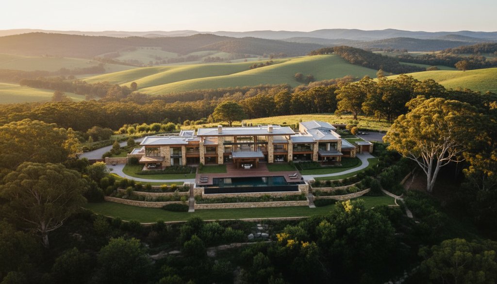 An aerial twilight shot showcasing a stunning luxury property nestled in the Macedon Ranges, illuminated with warm interior lights and surrounded by ancient gum trees, expertly captured for Macedon Victoria bespoke property photography services, highlighting its grandeur at dusk.
