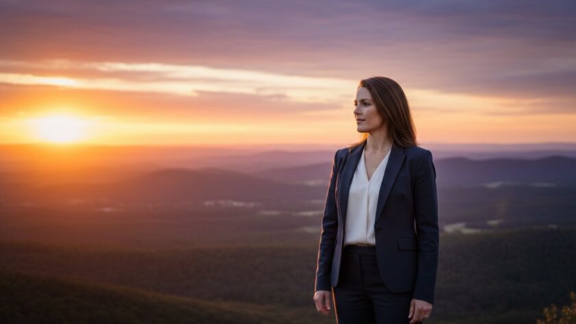 A distinguished professional in Macedon Victoria, caught in a moment of confident reflection, showcasing captivating business portraits. The subject, a local business owner, stands elegantly in a modern office space with a panoramic view of the Macedon Ranges at sunset. Dramatic golden hour light bathes the scene, highlighting their sharp suit and determined expression, embodying the spirit of professional headshots.