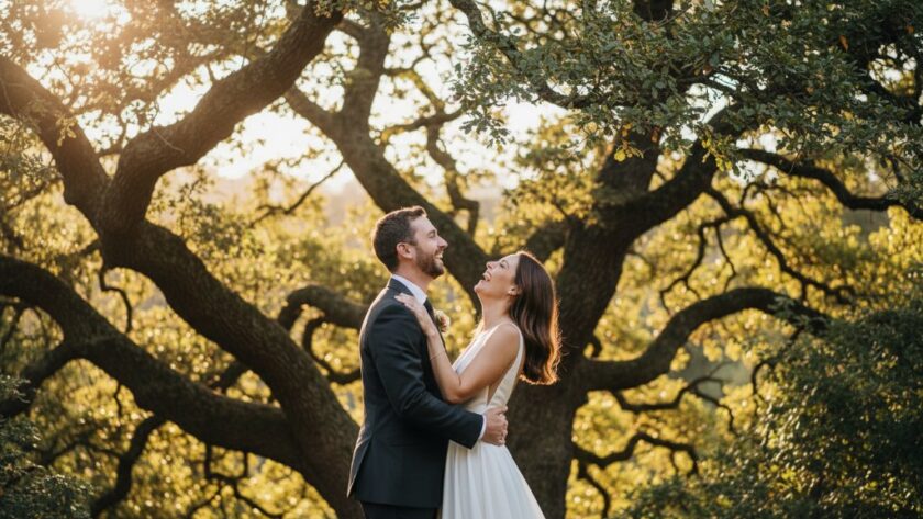 An ecstatic couple caught mid-laugh under a grand oak tree at a Macedon estate, showcasing professional Macedon Victoria event photography capturing genuine joy with warm, golden hour light filtering through the leaves.