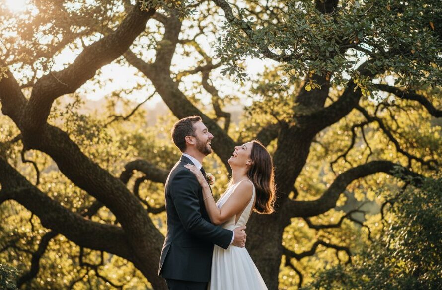 An ecstatic couple caught mid-laugh under a grand oak tree at a Macedon estate, showcasing professional Macedon Victoria event photography capturing genuine joy with warm, golden hour light filtering through the leaves.