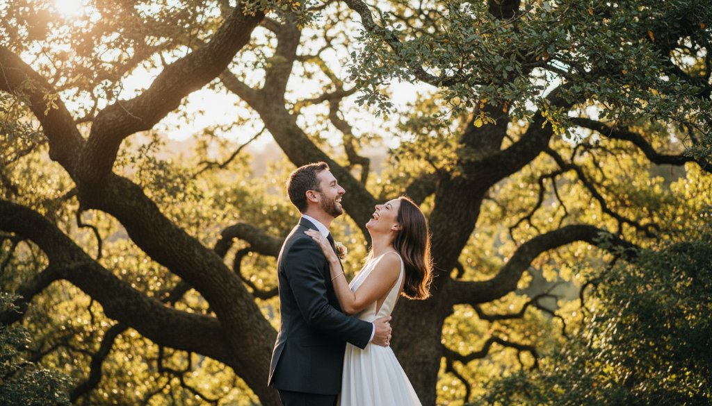 An ecstatic couple caught mid-laugh under a grand oak tree at a Macedon estate, showcasing professional Macedon Victoria event photography capturing genuine joy with warm, golden hour light filtering through the leaves.