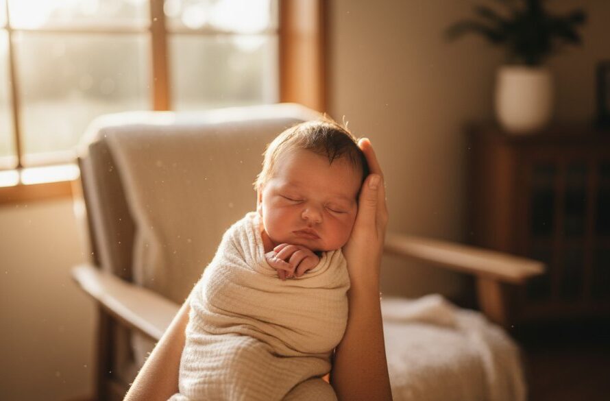 An intimate, emotionally charged photograph capturing a tender moment of a newborn baby sleeping peacefully in a parent's arms by a sunlit window in a Macedon home, showcasing Macedon Victoria newborn lifestyle photography at home with soft, dramatic light.