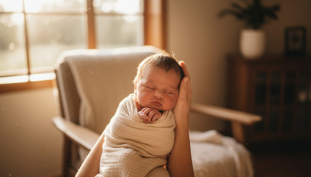 An intimate, emotionally charged photograph capturing a tender moment of a newborn baby sleeping peacefully in a parent's arms by a sunlit window in a Macedon home, showcasing Macedon Victoria newborn lifestyle photography at home with soft, dramatic light.