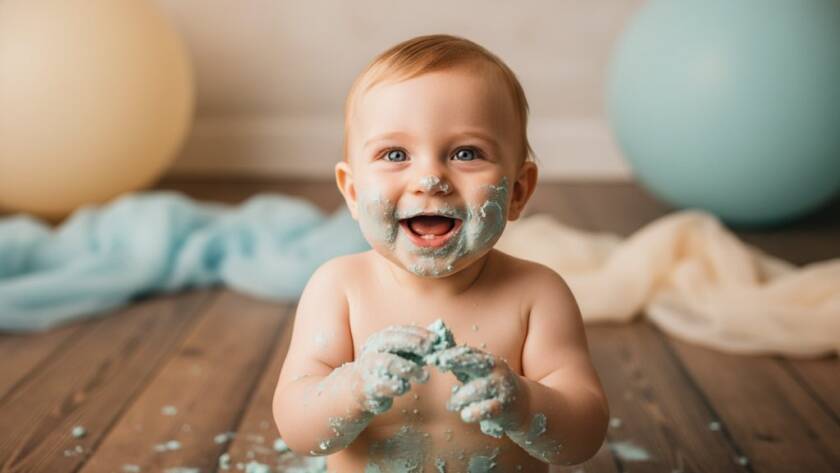A joyful baby boy covered in cake, laughing amidst pastel balloons and a rustic wooden setting, captured during a magical first birthday cake smash photography Rowville session, with dramatic backlighting highlighting the messy fun.