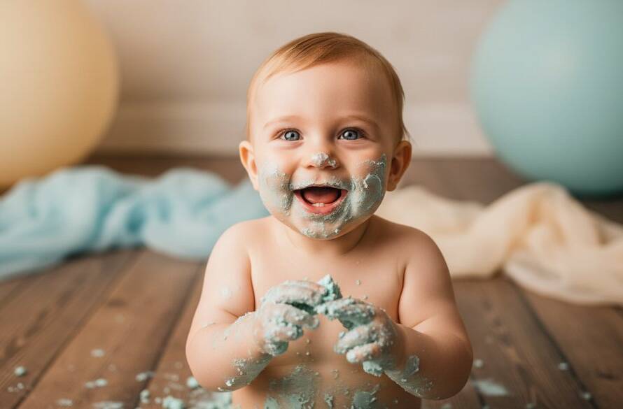 A joyful baby boy covered in cake, laughing amidst pastel balloons and a rustic wooden setting, captured during a magical first birthday cake smash photography Rowville session, with dramatic backlighting highlighting the messy fun.