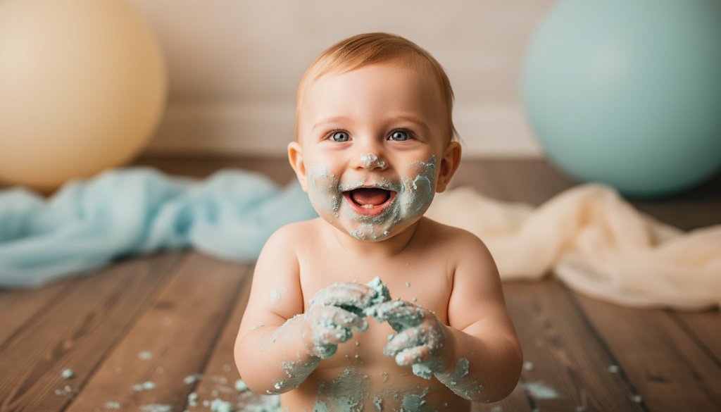 A joyful baby boy covered in cake, laughing amidst pastel balloons and a rustic wooden setting, captured during a magical first birthday cake smash photography Rowville session, with dramatic backlighting highlighting the messy fun.