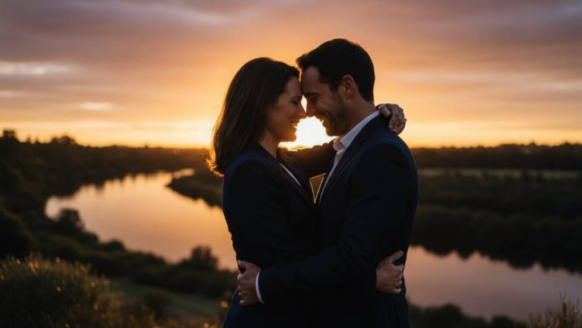 An epic, emotionally resonant photograph capturing a couple in a tender, candid embrace at sunset, showcasing Maidstone Victoria candid engagement photography. Dramatic golden hour light illuminates their joyful expressions, with the Maribyrnong River and lush parklands subtly blurred in the background, conveying deep connection and romance.