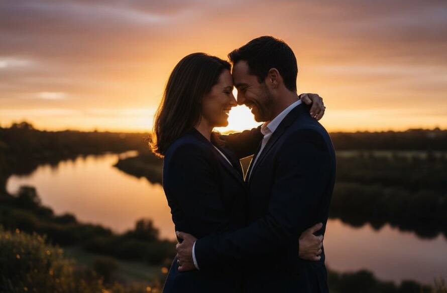 An epic, emotionally resonant photograph capturing a couple in a tender, candid embrace at sunset, showcasing Maidstone Victoria candid engagement photography. Dramatic golden hour light illuminates their joyful expressions, with the Maribyrnong River and lush parklands subtly blurred in the background, conveying deep connection and romance.