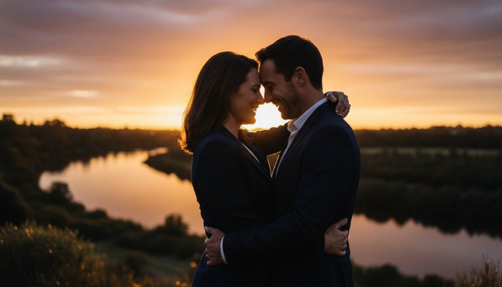 An epic, emotionally resonant photograph capturing a couple in a tender, candid embrace at sunset, showcasing Maidstone Victoria candid engagement photography. Dramatic golden hour light illuminates their joyful expressions, with the Maribyrnong River and lush parklands subtly blurred in the background, conveying deep connection and romance.