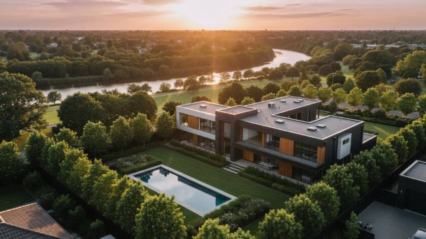 Dramatic aerial view of a modern residential property nestled within a lush Maidstone neighbourhood, showing its unique architectural lines and expansive outdoor areas under a golden hour sky, captured by Maidstone Victoria drone photography for unique property marketing.