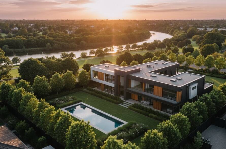 Dramatic aerial view of a modern residential property nestled within a lush Maidstone neighbourhood, showing its unique architectural lines and expansive outdoor areas under a golden hour sky, captured by Maidstone Victoria drone photography for unique property marketing.