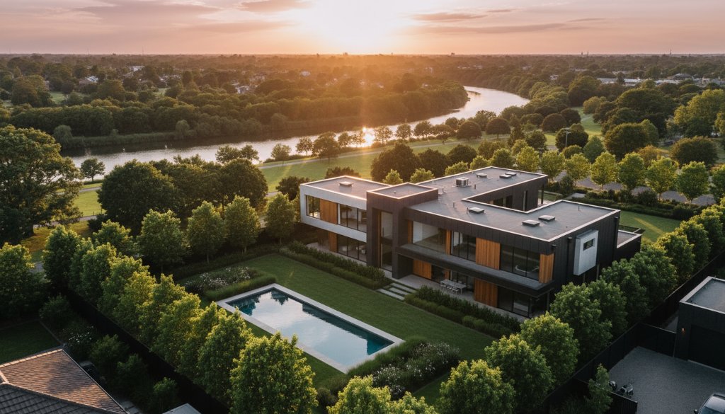 Dramatic aerial view of a modern residential property nestled within a lush Maidstone neighbourhood, showing its unique architectural lines and expansive outdoor areas under a golden hour sky, captured by Maidstone Victoria drone photography for unique property marketing.