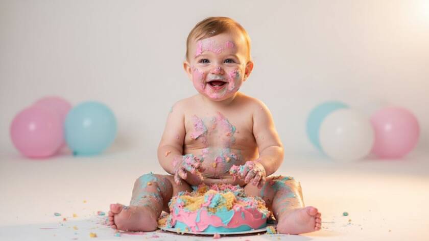 An epic moment of pure joy during a Maidstone Victoria first birthday cake smash photoshoot, featuring a baby gleefully covered in cake, set against a vibrant, soft-focus background in a professional studio, captured with dramatic, warm backlighting and rich colour grading.