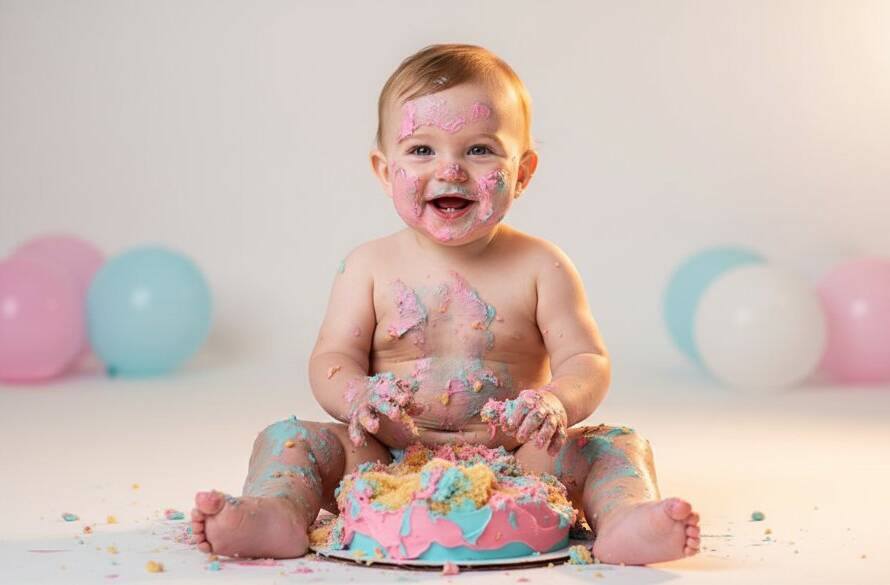 An epic moment of pure joy during a Maidstone Victoria first birthday cake smash photoshoot, featuring a baby gleefully covered in cake, set against a vibrant, soft-focus background in a professional studio, captured with dramatic, warm backlighting and rich colour grading.