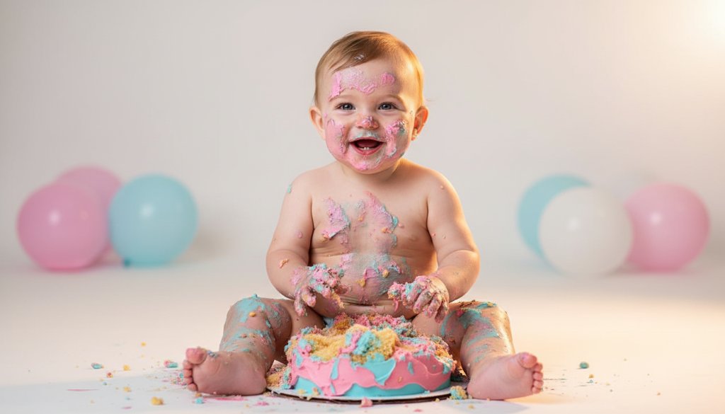 An epic moment of pure joy during a Maidstone Victoria first birthday cake smash photoshoot, featuring a baby gleefully covered in cake, set against a vibrant, soft-focus background in a professional studio, captured with dramatic, warm backlighting and rich colour grading.
