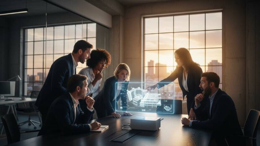 Dynamic, cinematic wide shot featuring a diverse group of professionals collaborating intently in a modern, light-filled office space in Maidstone, Victoria, captured by Image by SD for Maidstone Victoria professional business branding photography, showcasing teamwork and innovation under dramatic, professional lighting.