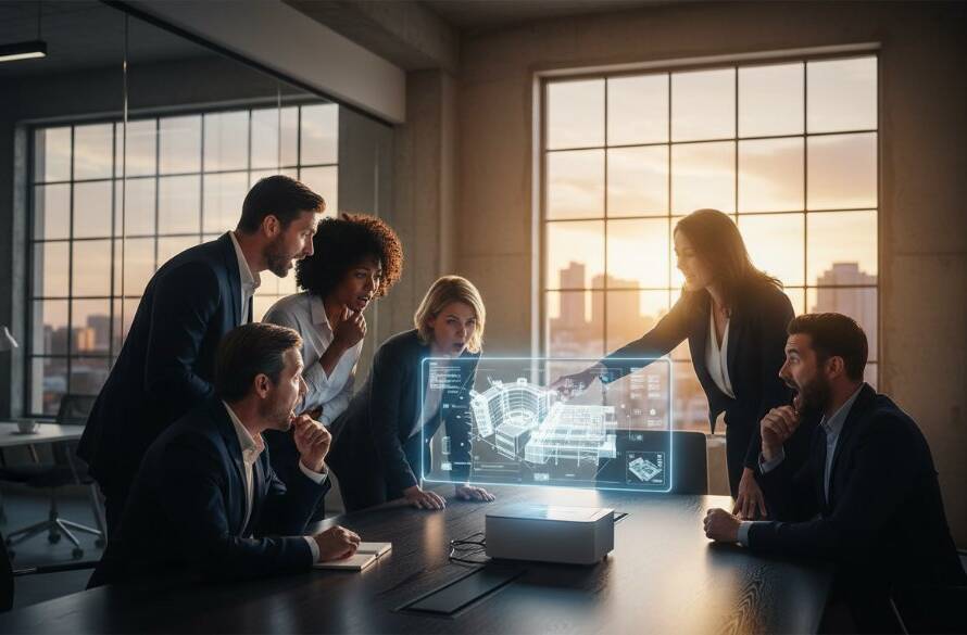 Dynamic, cinematic wide shot featuring a diverse group of professionals collaborating intently in a modern, light-filled office space in Maidstone, Victoria, captured by Image by SD for Maidstone Victoria professional business branding photography, showcasing teamwork and innovation under dramatic, professional lighting.