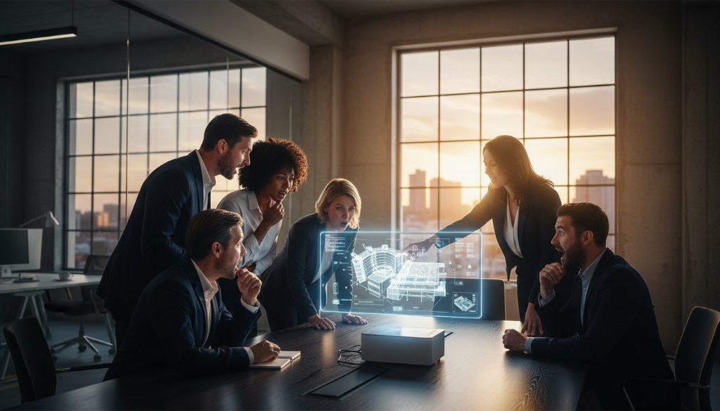 Dynamic, cinematic wide shot featuring a diverse group of professionals collaborating intently in a modern, light-filled office space in Maidstone, Victoria, captured by Image by SD for Maidstone Victoria professional business branding photography, showcasing teamwork and innovation under dramatic, professional lighting.