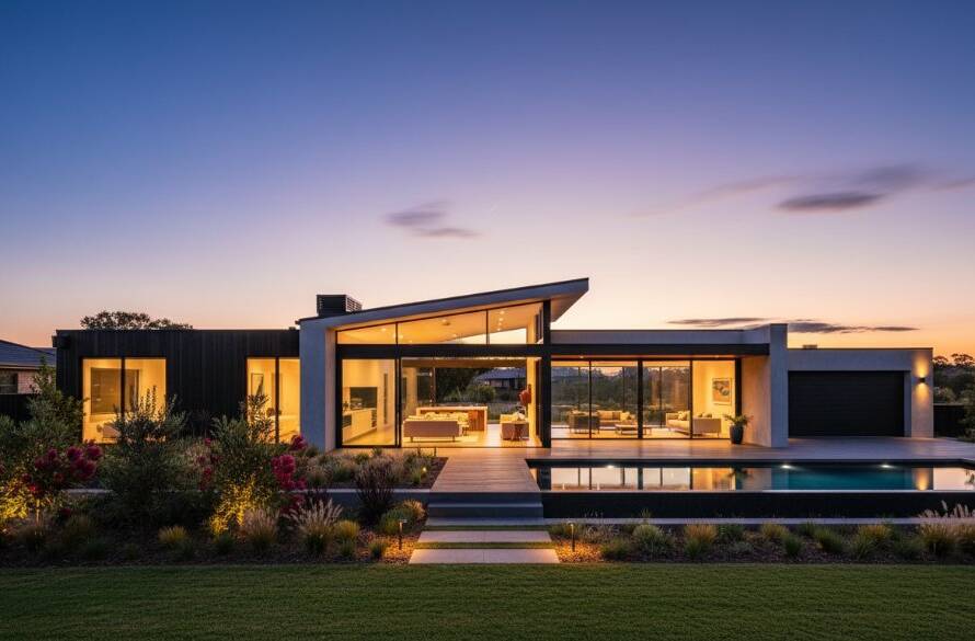 An elevated panoramic view of a modern, well-staged family home in Maidstone, Victoria, during golden hour, showcasing the meticulous detail and inviting atmosphere achieved through Maidstone Victoria real estate photography for impact, with dappled sunlight highlighting architectural features and lush landscaping.