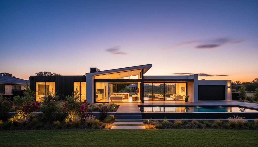 An elevated panoramic view of a modern, well-staged family home in Maidstone, Victoria, during golden hour, showcasing the meticulous detail and inviting atmosphere achieved through Maidstone Victoria real estate photography for impact, with dappled sunlight highlighting architectural features and lush landscaping.