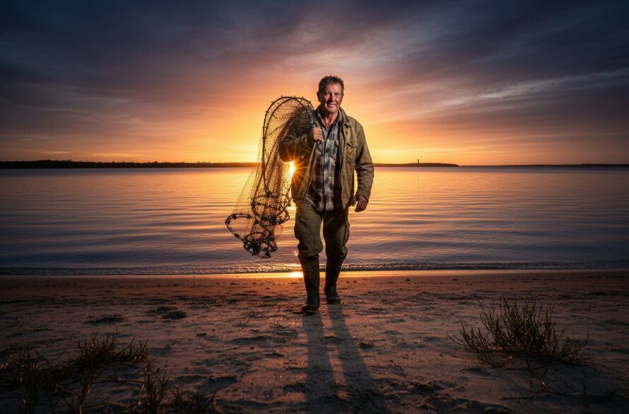 An inspiring wide-angle shot capturing a local Mallacoota small business owner, radiating confidence, standing proudly by their artisanal fishing boat at sunrise near the Mallacoota Lake entrance, embodying Mallacoota bespoke business branding photography.