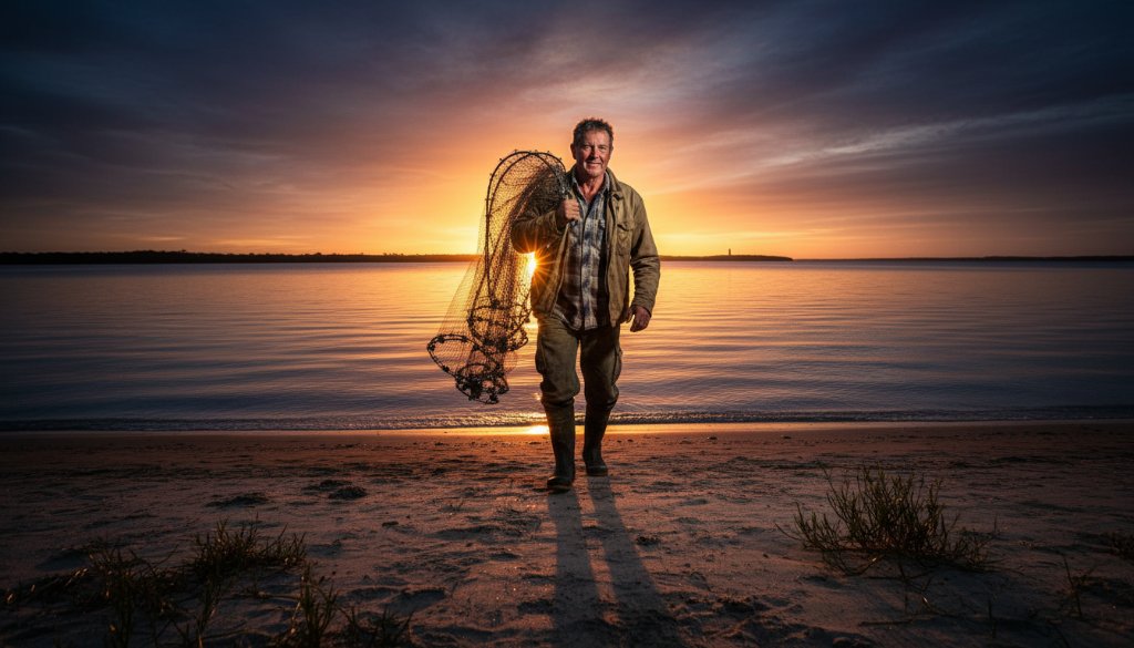 An inspiring wide-angle shot capturing a local Mallacoota small business owner, radiating confidence, standing proudly by their artisanal fishing boat at sunrise near the Mallacoota Lake entrance, embodying Mallacoota bespoke business branding photography.