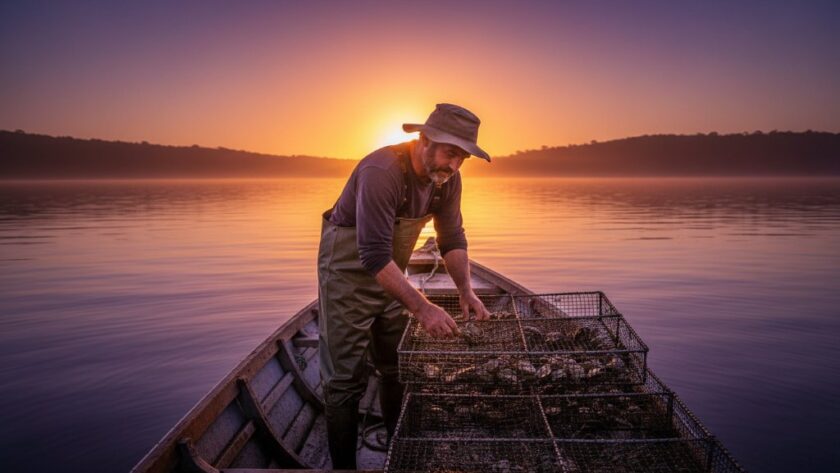 Dramatic wide shot of a local artisanal fishing boat entrepreneur showcasing their sustainable catch on the pristine Mallacoota inlet at sunrise, embodying the essence of Mallacoota business coastal lifestyle advertising photography, with golden light reflecting on the water.