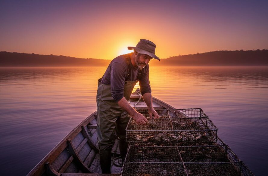 Dramatic wide shot of a local artisanal fishing boat entrepreneur showcasing their sustainable catch on the pristine Mallacoota inlet at sunrise, embodying the essence of Mallacoota business coastal lifestyle advertising photography, with golden light reflecting on the water.