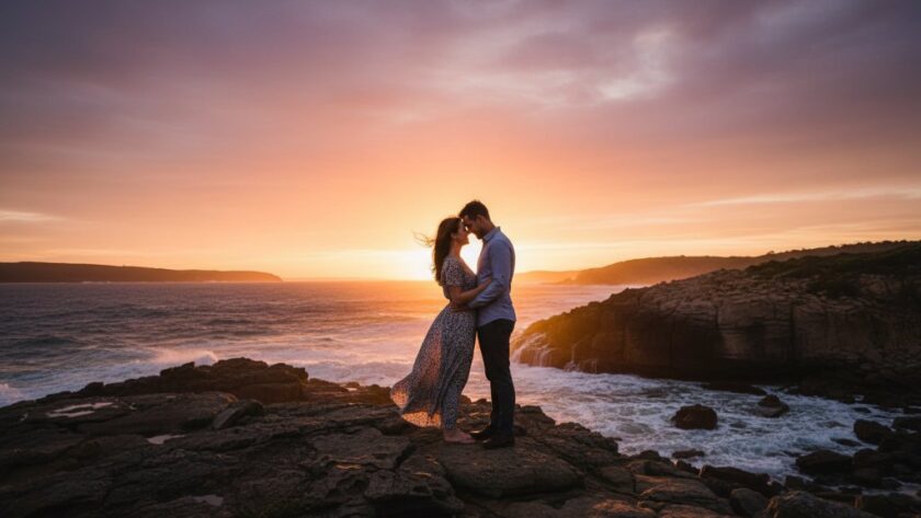 A couple embracing passionately on the rugged coastline of Mallacoota at sunset, showcasing a Mallacoota coastal engagement photography adventure with dramatic golden light on the waves and cliffs.