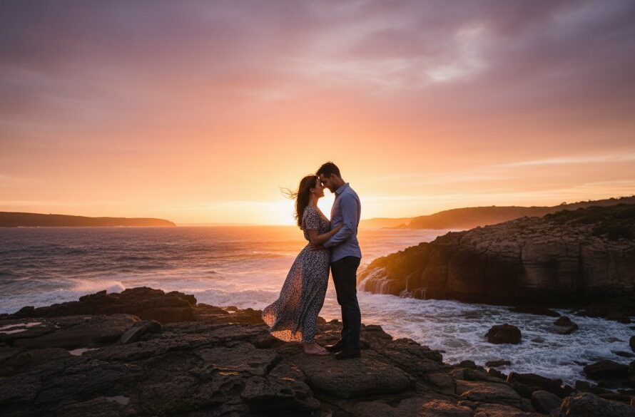 A couple embracing passionately on the rugged coastline of Mallacoota at sunset, showcasing a Mallacoota coastal engagement photography adventure with dramatic golden light on the waves and cliffs.