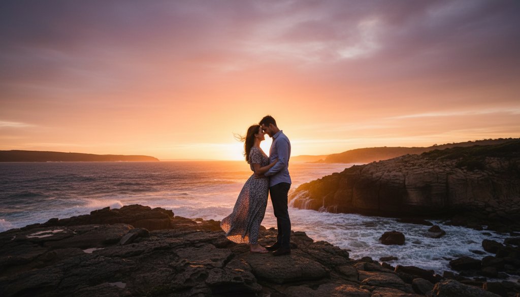 A couple embracing passionately on the rugged coastline of Mallacoota at sunset, showcasing a Mallacoota coastal engagement photography adventure with dramatic golden light on the waves and cliffs.