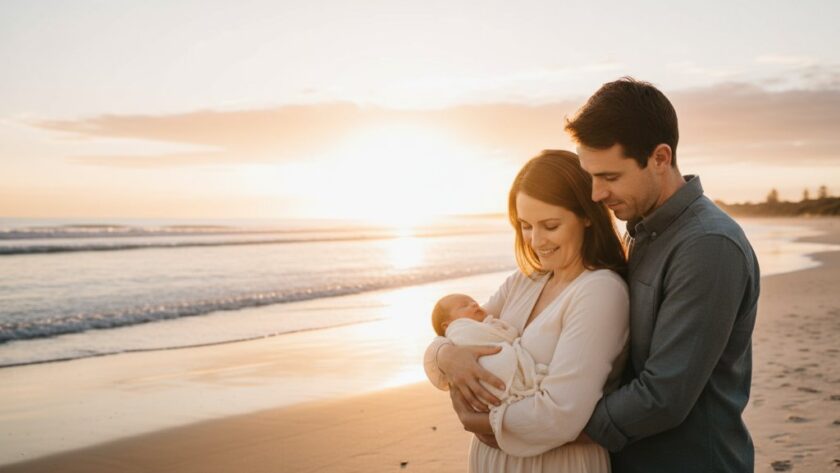 An emotional, professional photograph capturing a family with their newborn baby at sunrise on a Mallacoota beach, symbolizing their unique Mallacoota coastal newborn photoshoot experience, with dramatic golden light and gentle waves.