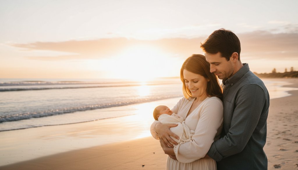 An emotional, professional photograph capturing a family with their newborn baby at sunrise on a Mallacoota beach, symbolizing their unique Mallacoota coastal newborn photoshoot experience, with dramatic golden light and gentle waves.